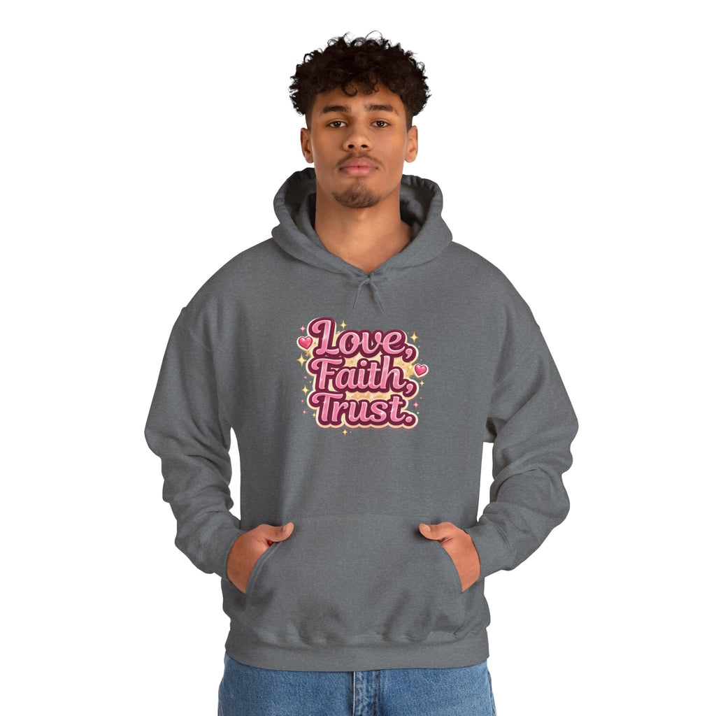 Love Faith Trust Hoodie — Pink Retro Heart Graphic Pullover