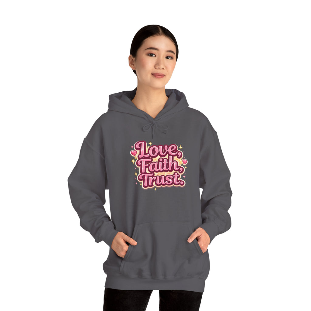 Love Faith Trust Hoodie — Pink Retro Heart Graphic Pullover