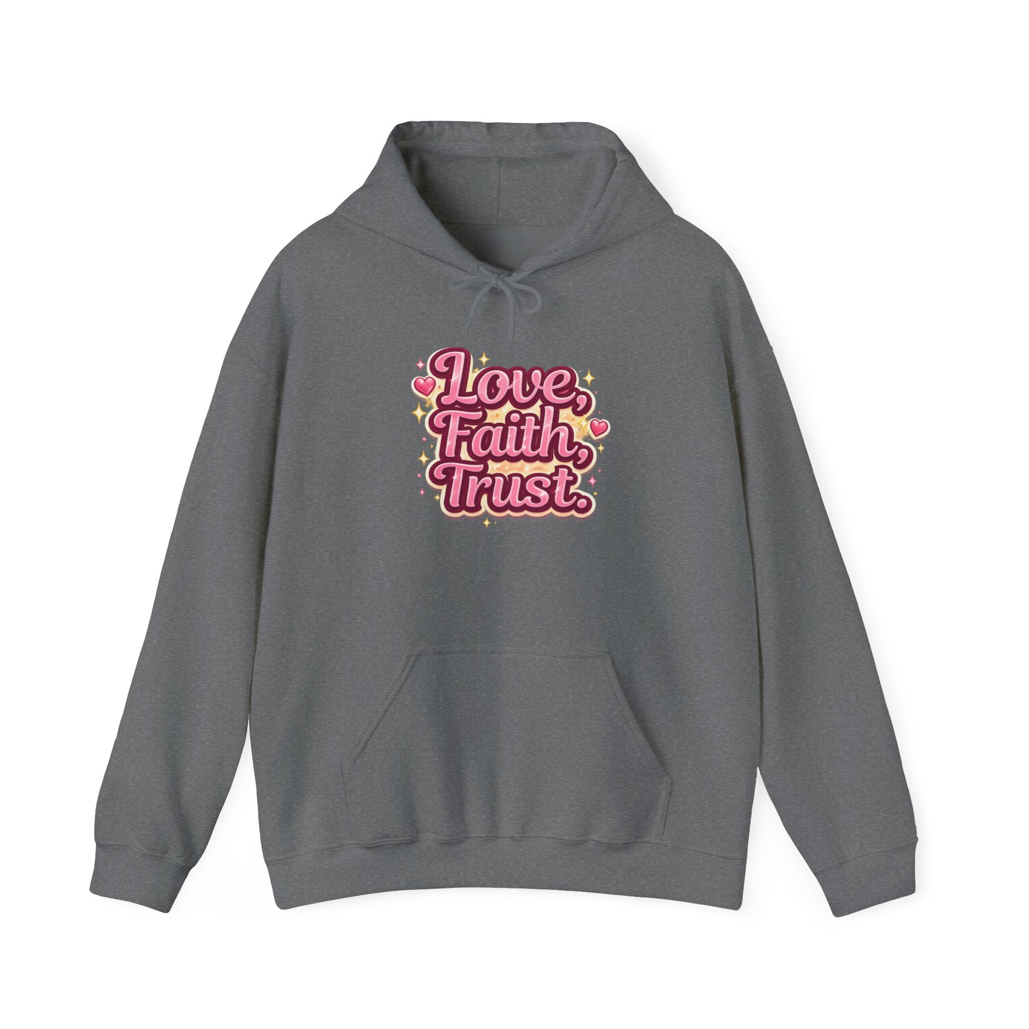 Love Faith Trust Hoodie — Pink Retro Heart Graphic Pullover