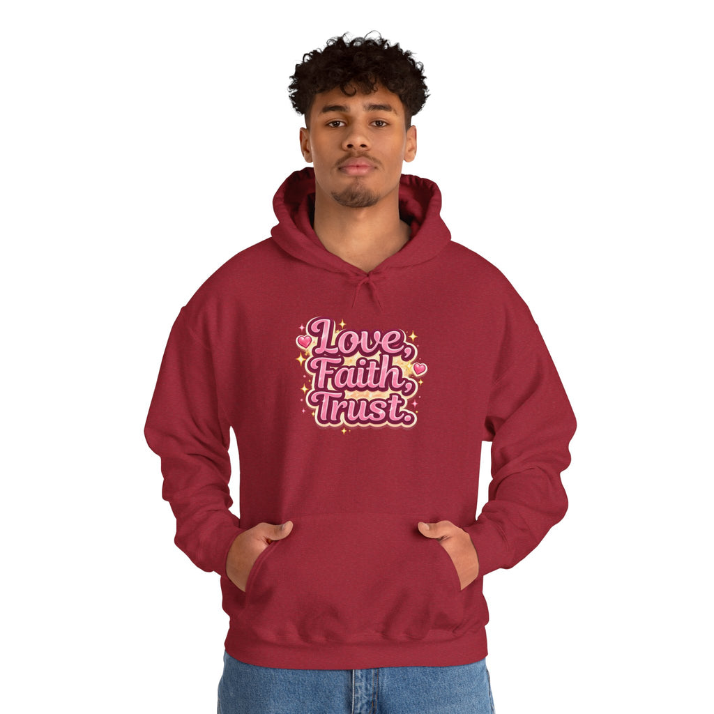 Love Faith Trust Hoodie — Pink Retro Heart Graphic Pullover