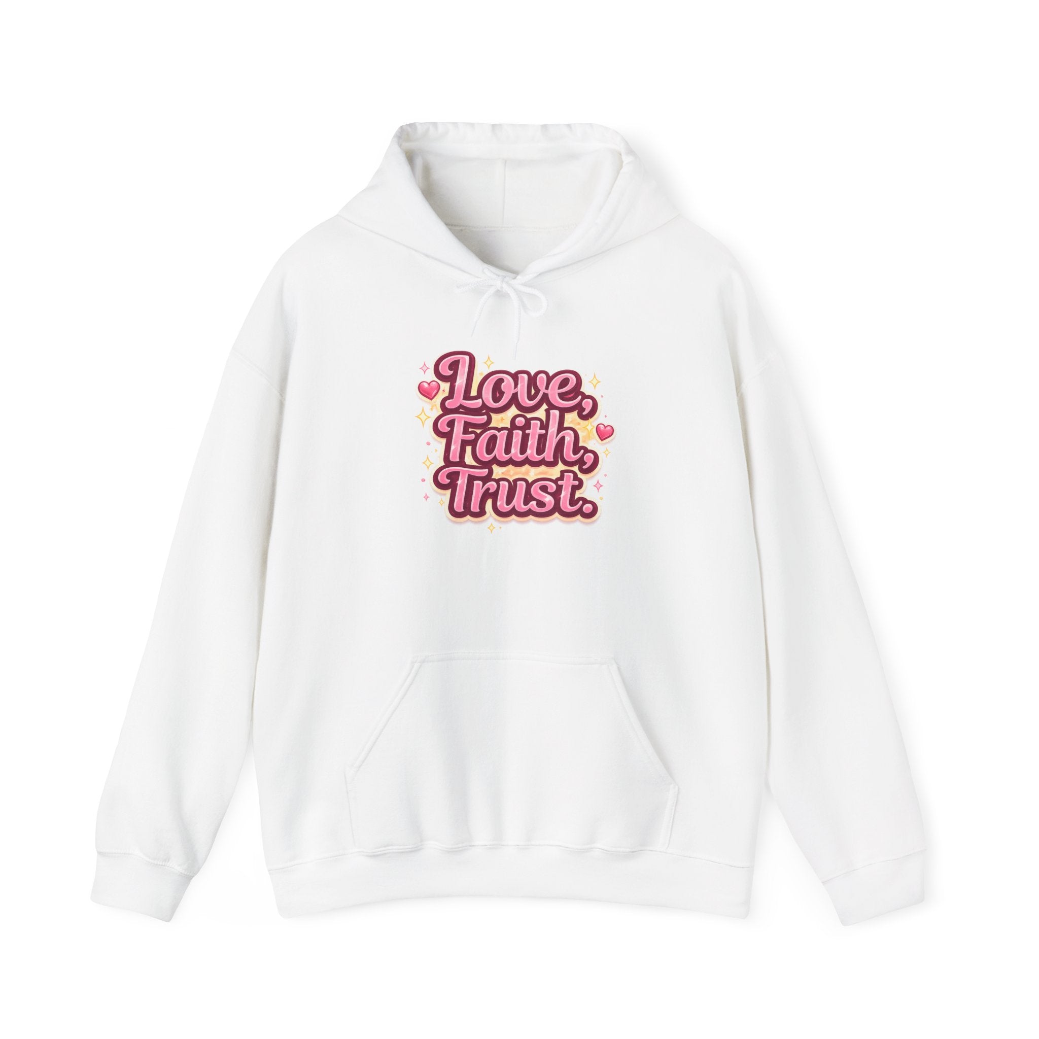 Love Faith Trust Hoodie — Pink Retro Heart Graphic Pullover