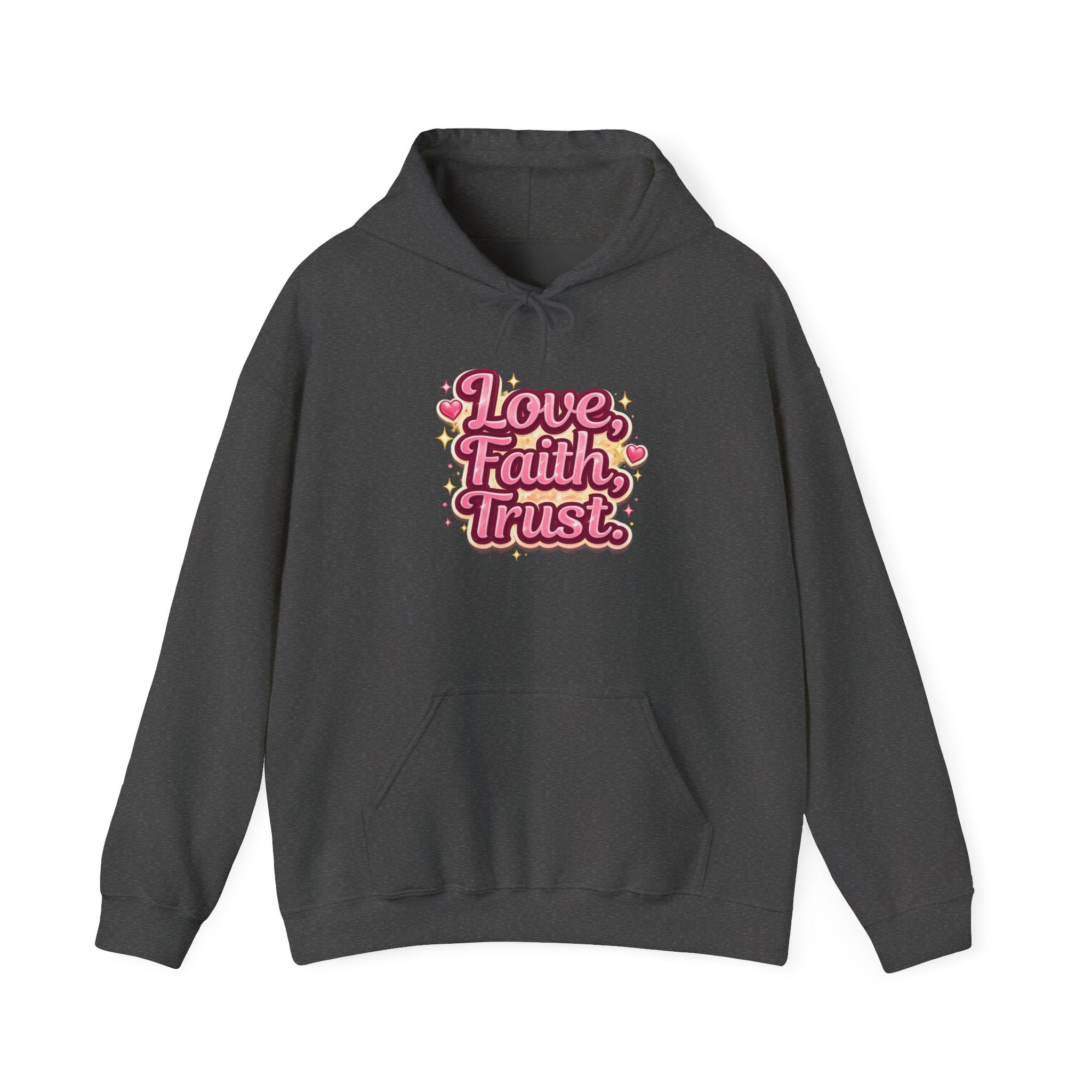 Love Faith Trust Hoodie — Pink Retro Heart Graphic Pullover