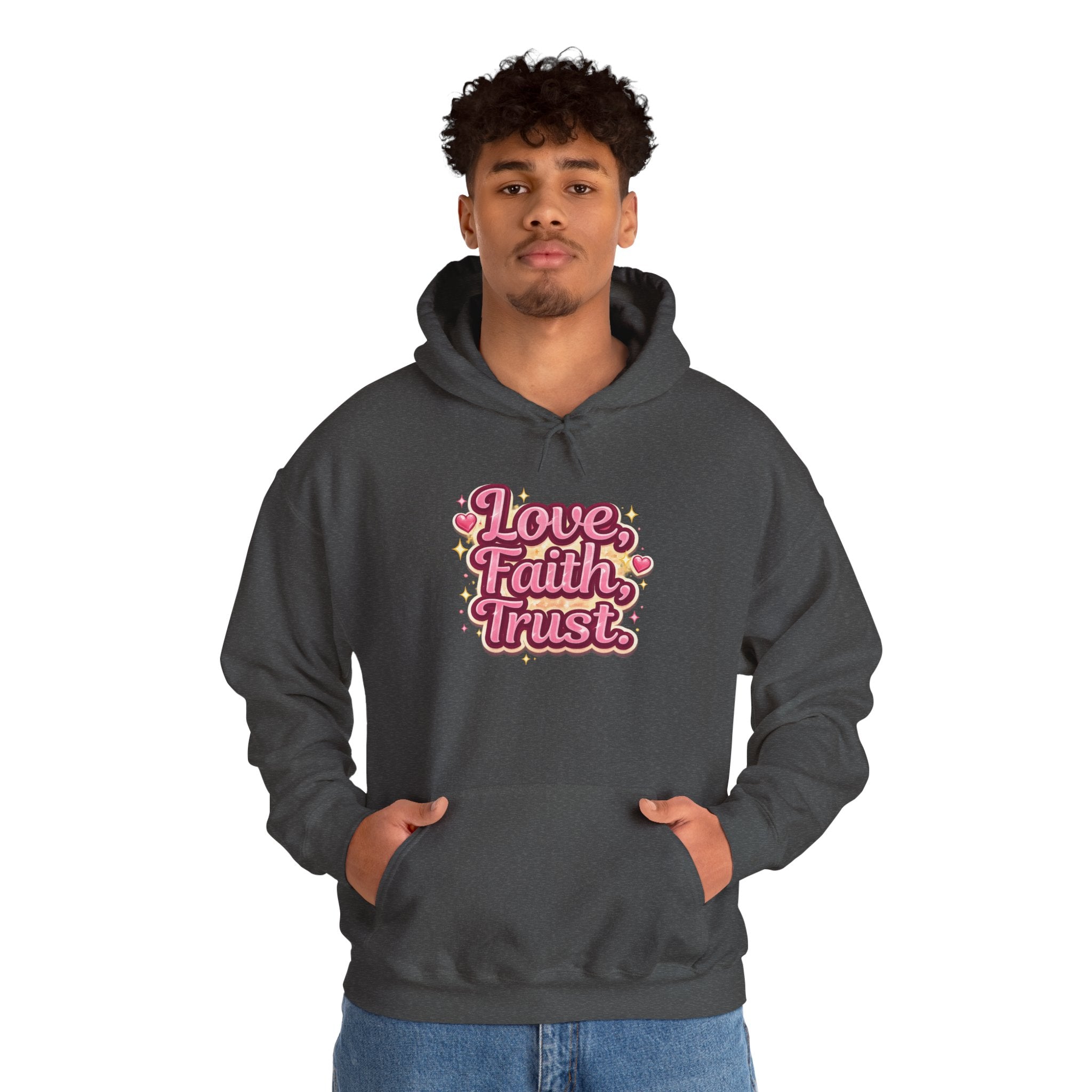 Love Faith Trust Hoodie — Pink Retro Heart Graphic Pullover