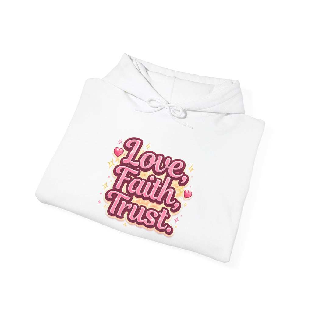 Love Faith Trust Hoodie — Pink Retro Heart Graphic Pullover