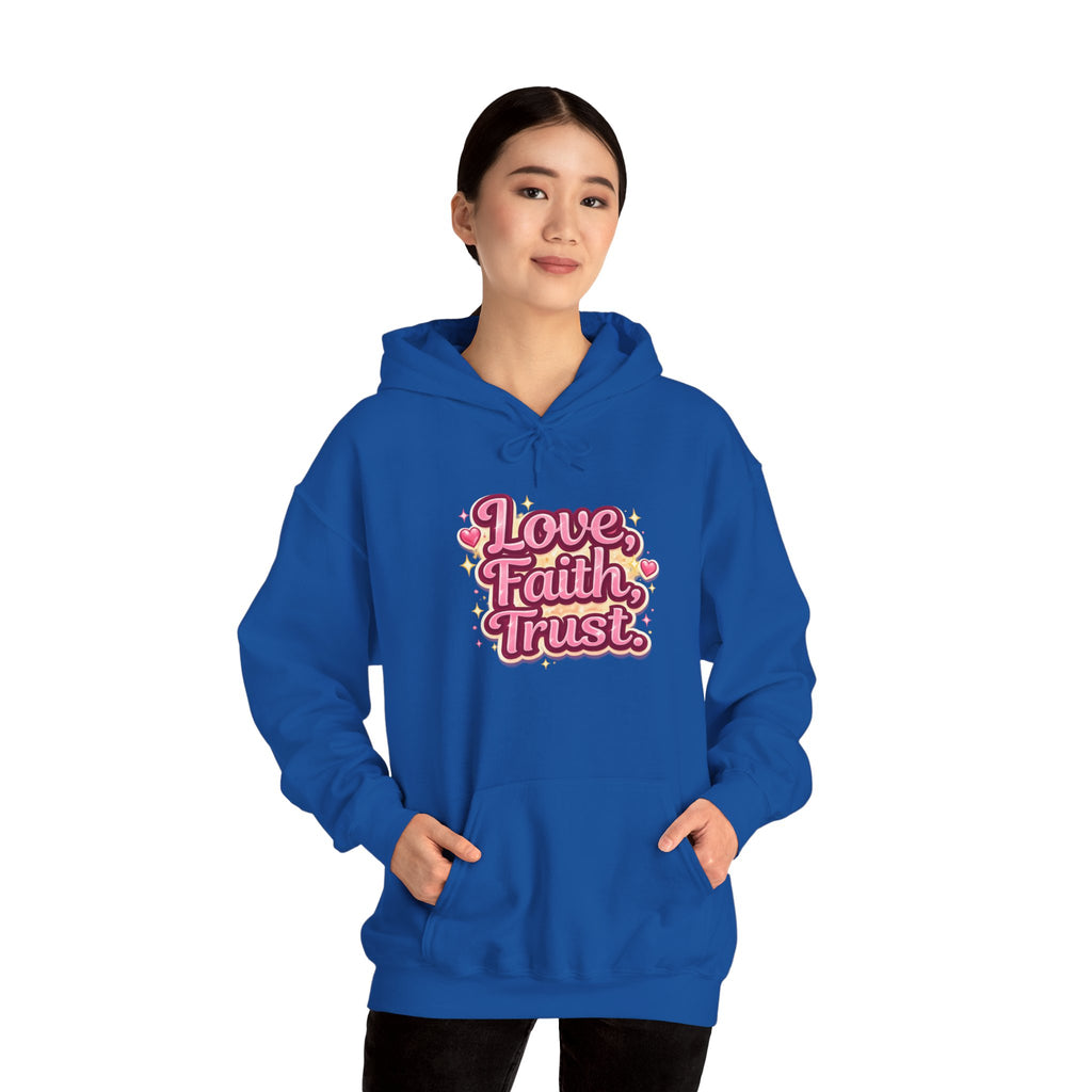 Love Faith Trust Hoodie — Pink Retro Heart Graphic Pullover