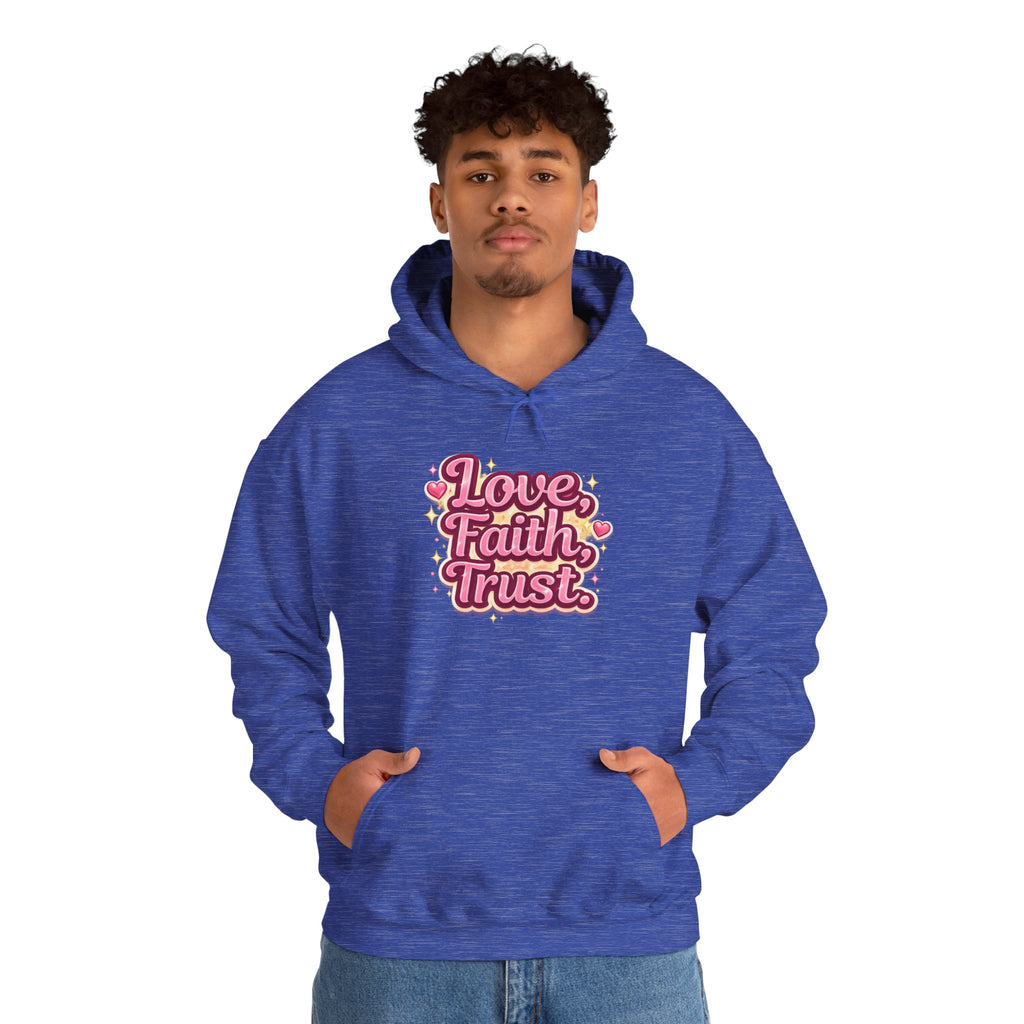 Love Faith Trust Hoodie — Pink Retro Heart Graphic Pullover