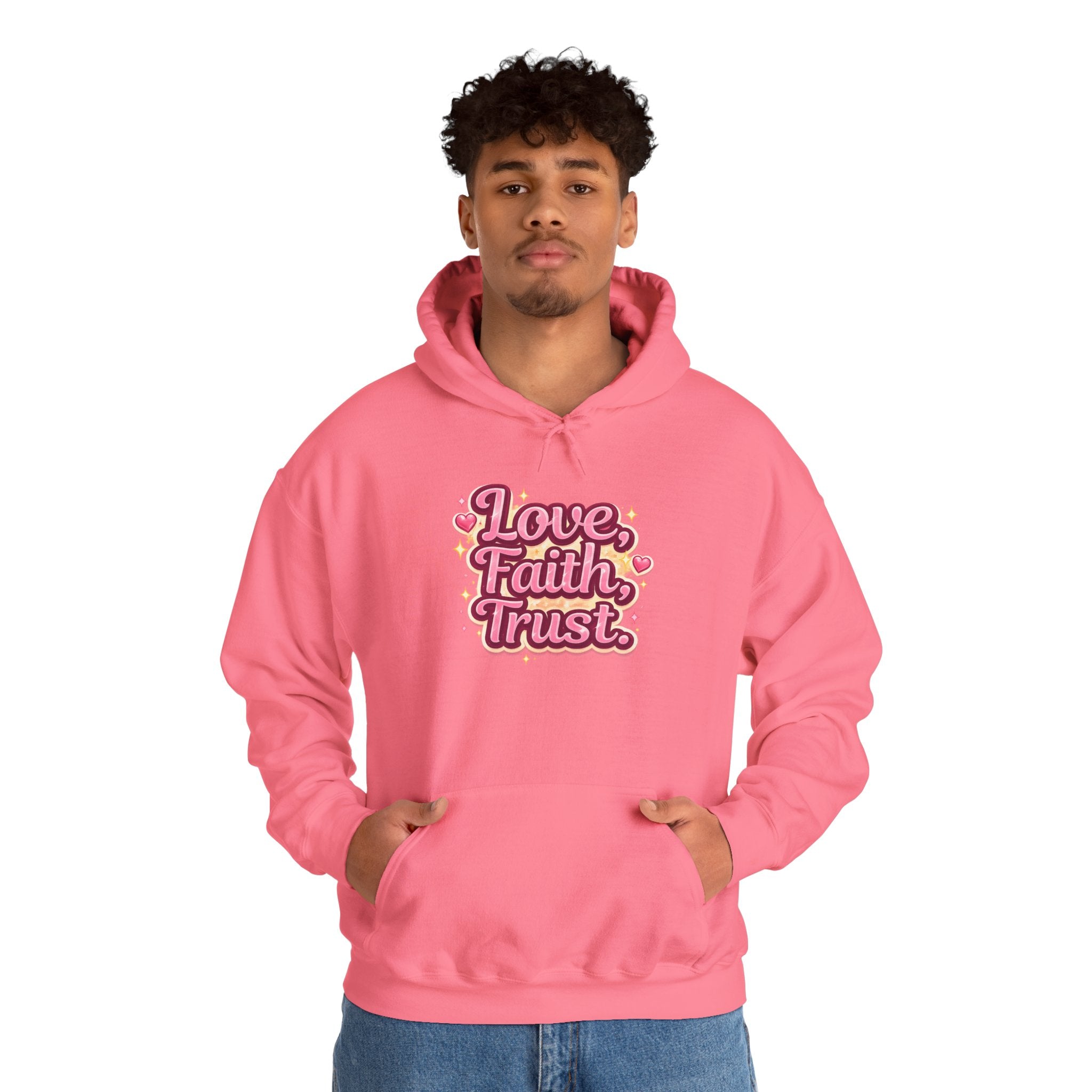 Love Faith Trust Hoodie — Pink Retro Heart Graphic Pullover