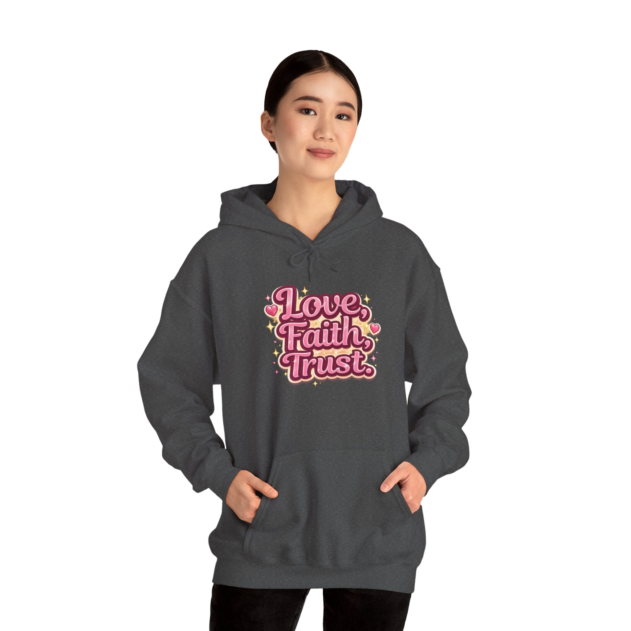 Love Faith Trust Hoodie — Pink Retro Heart Graphic Pullover
