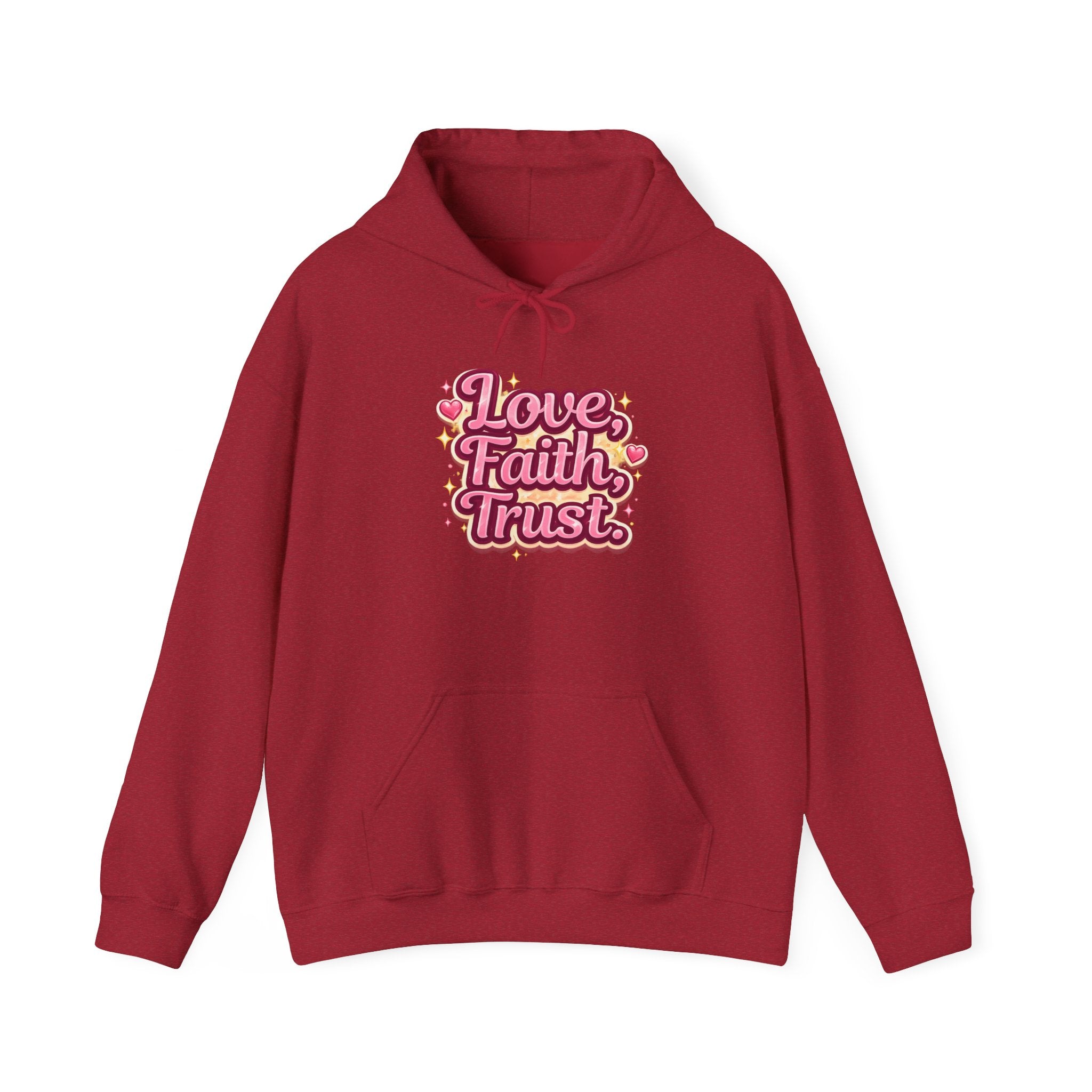 Love Faith Trust Hoodie — Pink Retro Heart Graphic Pullover