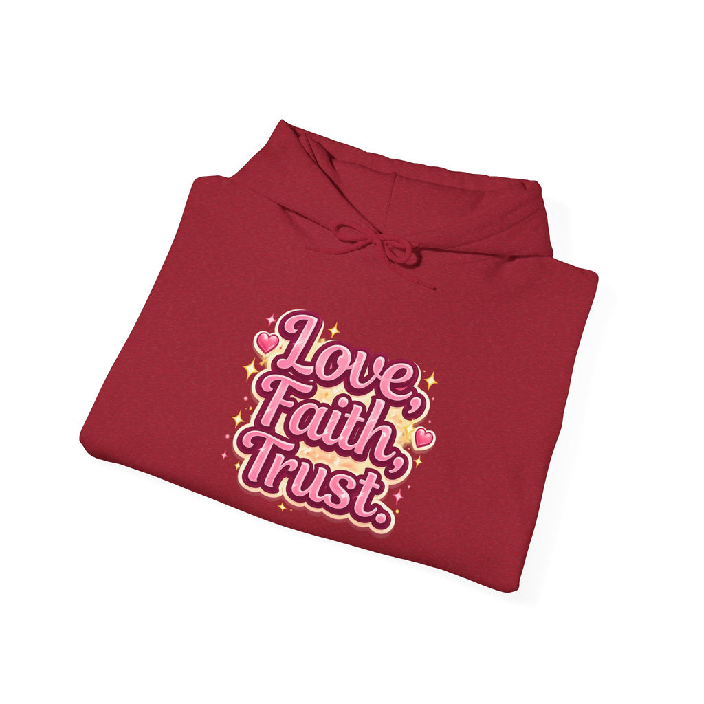 Love Faith Trust Hoodie — Pink Retro Heart Graphic Pullover