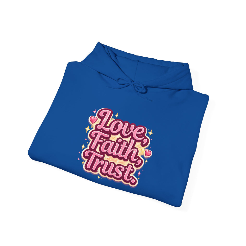 Love Faith Trust Hoodie — Pink Retro Heart Graphic Pullover