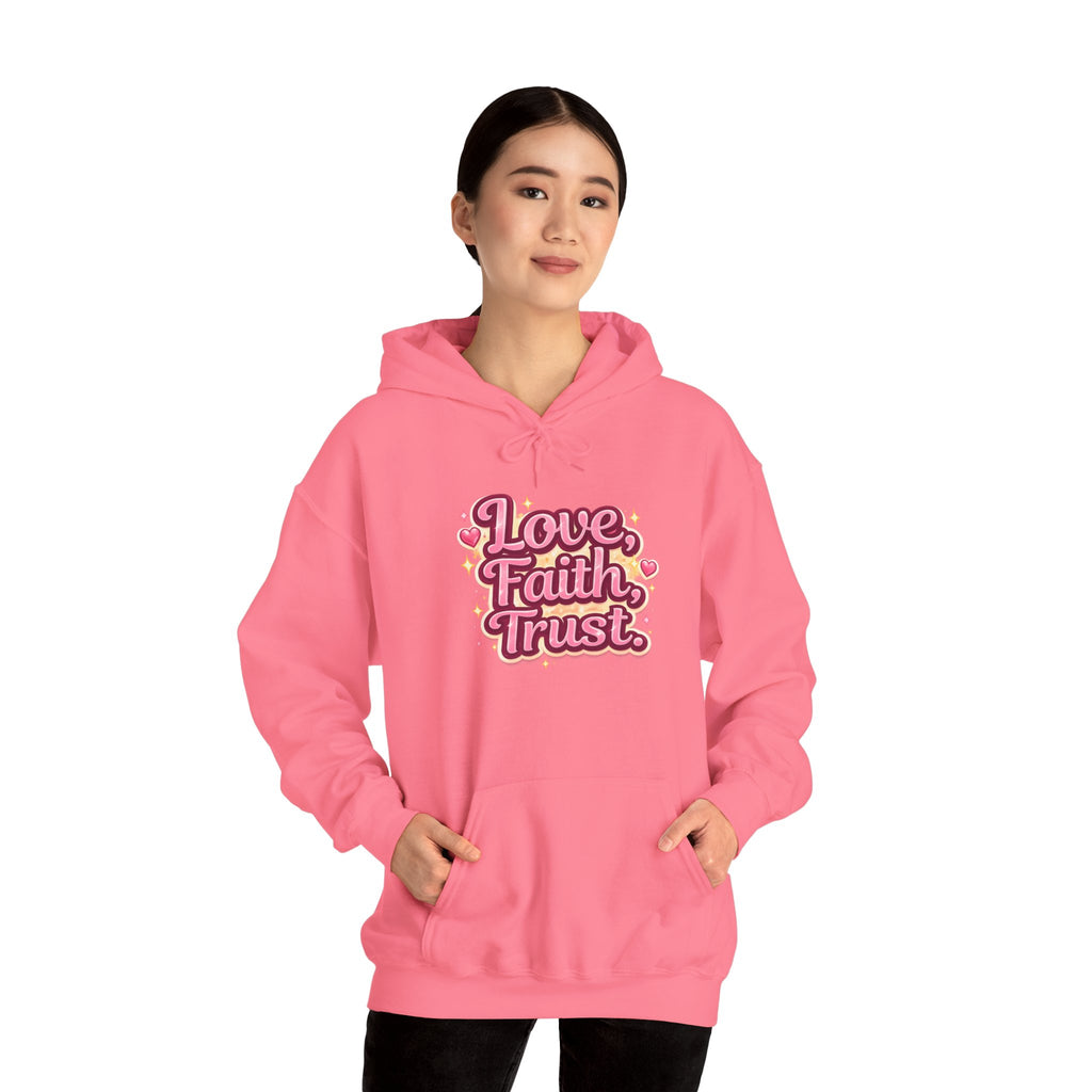 Love Faith Trust Hoodie — Pink Retro Heart Graphic Pullover