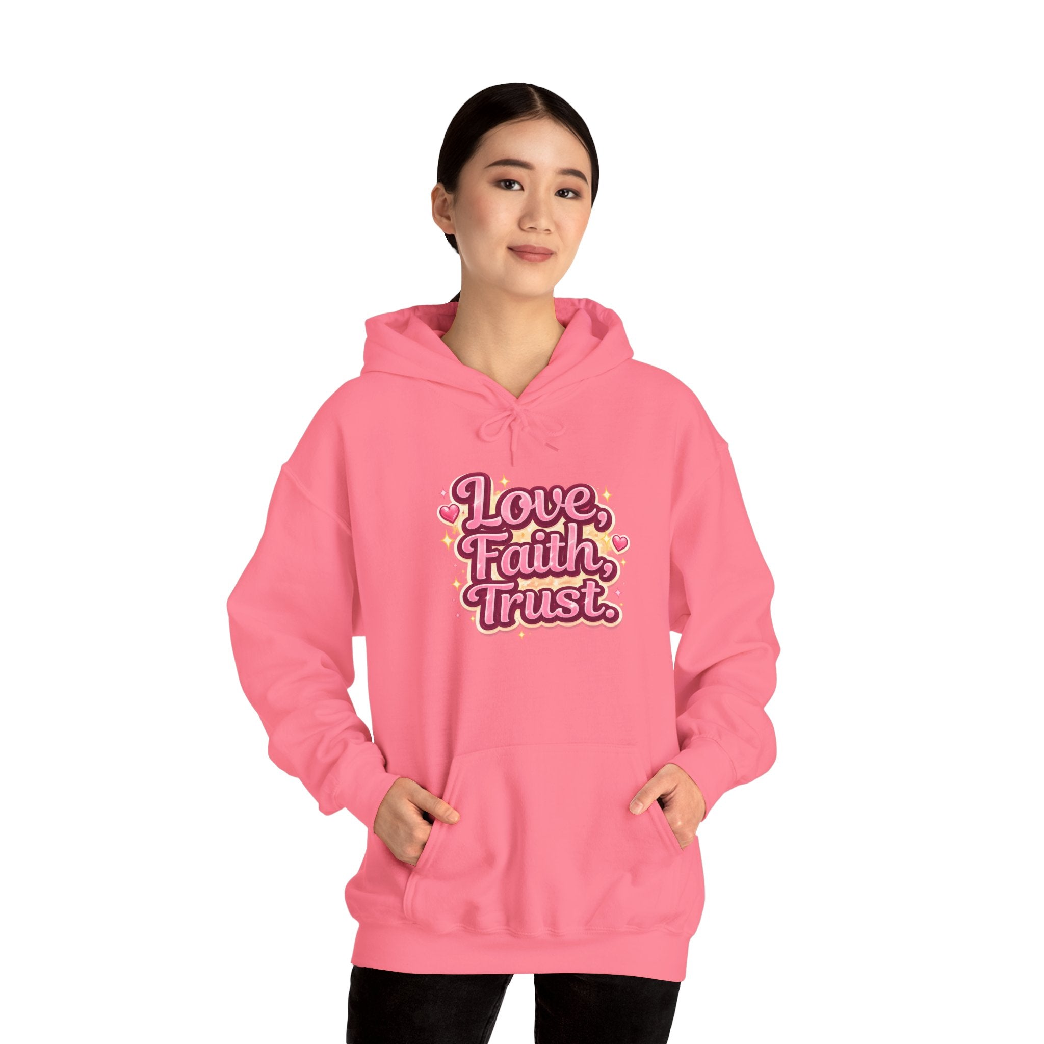 Love Faith Trust Hoodie — Pink Retro Heart Graphic Pullover