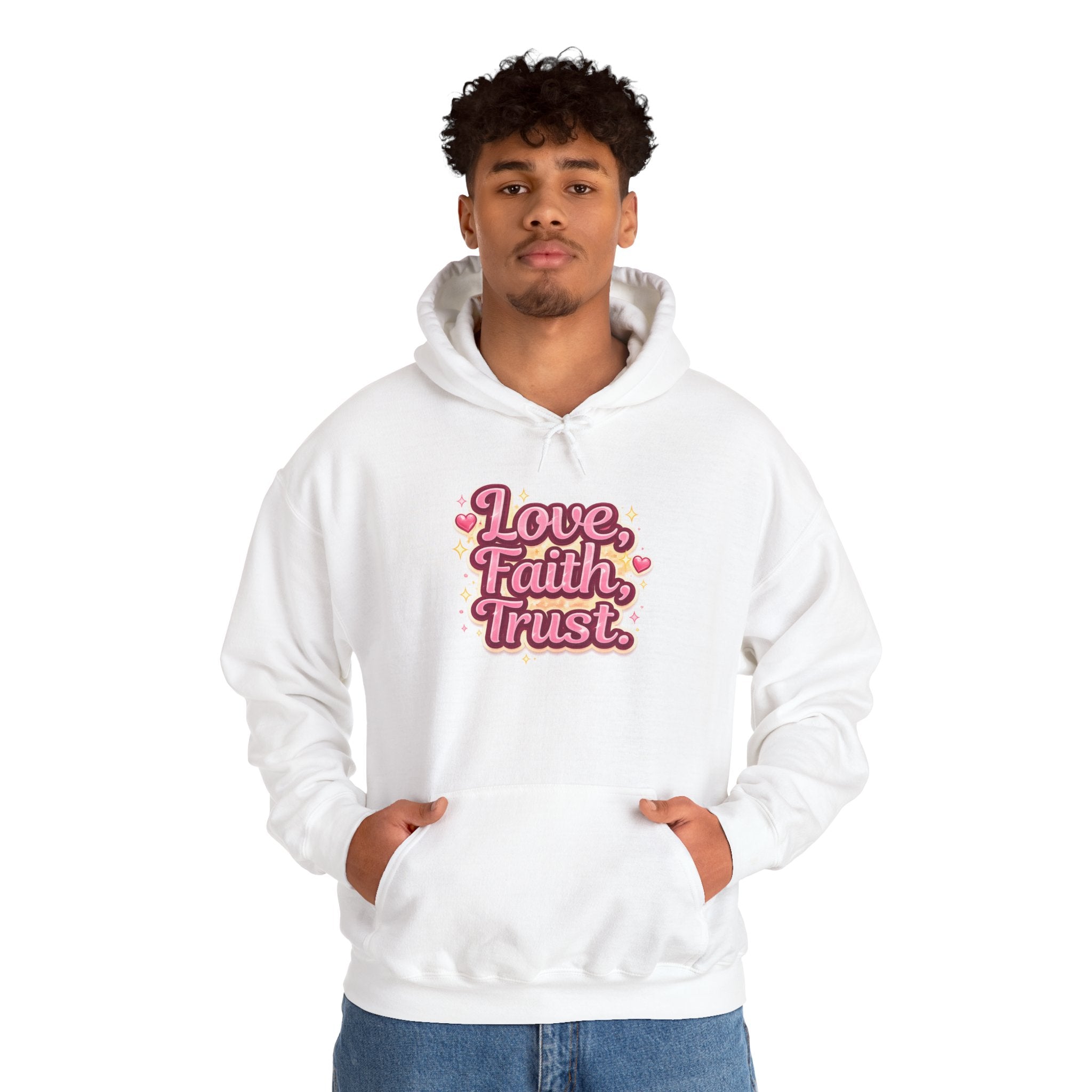 Love Faith Trust Hoodie — Pink Retro Heart Graphic Pullover