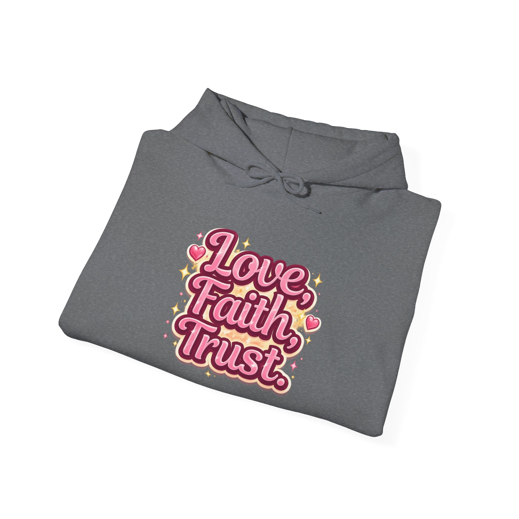 Love Faith Trust Hoodie — Pink Retro Heart Graphic Pullover