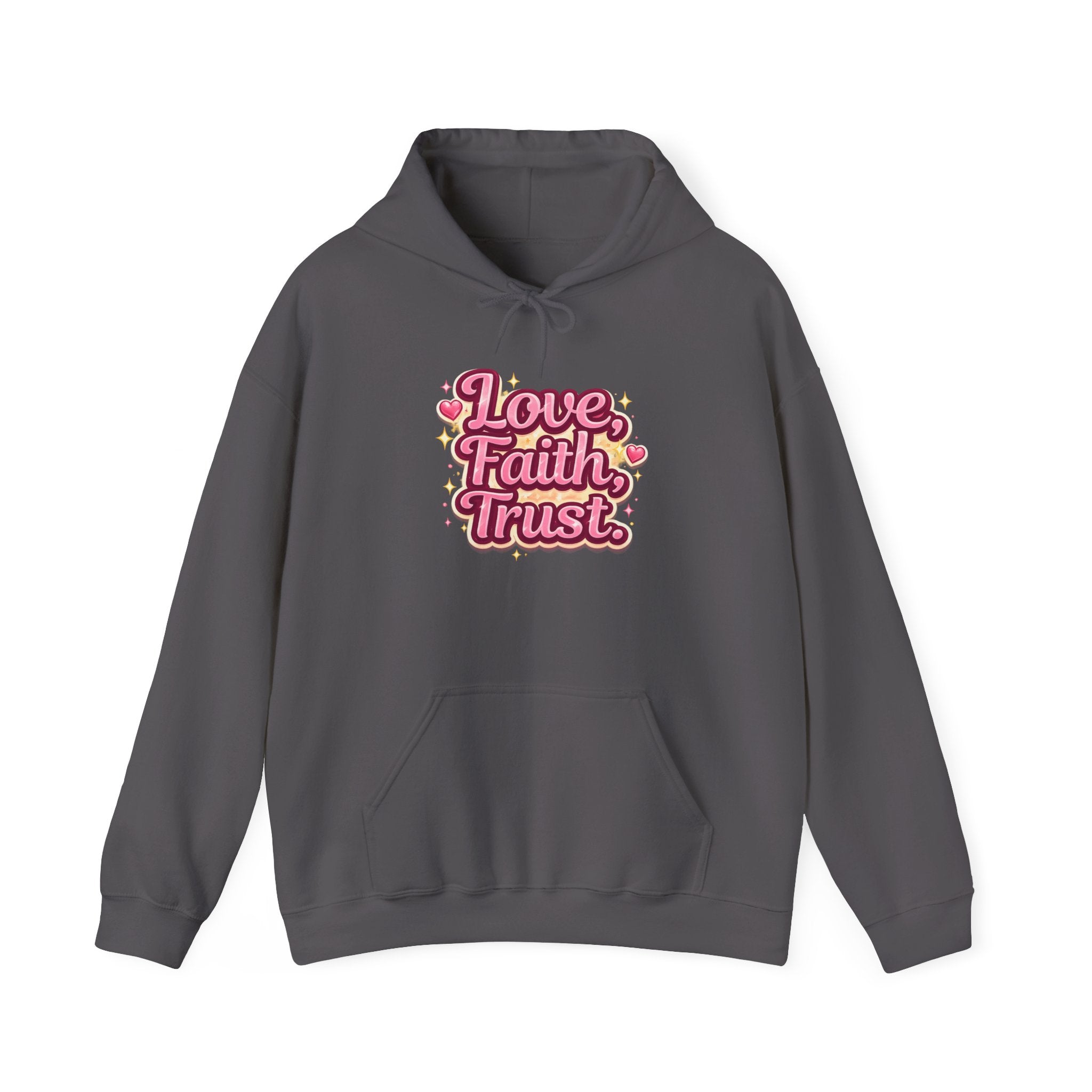 Love Faith Trust Hoodie — Pink Retro Heart Graphic Pullover