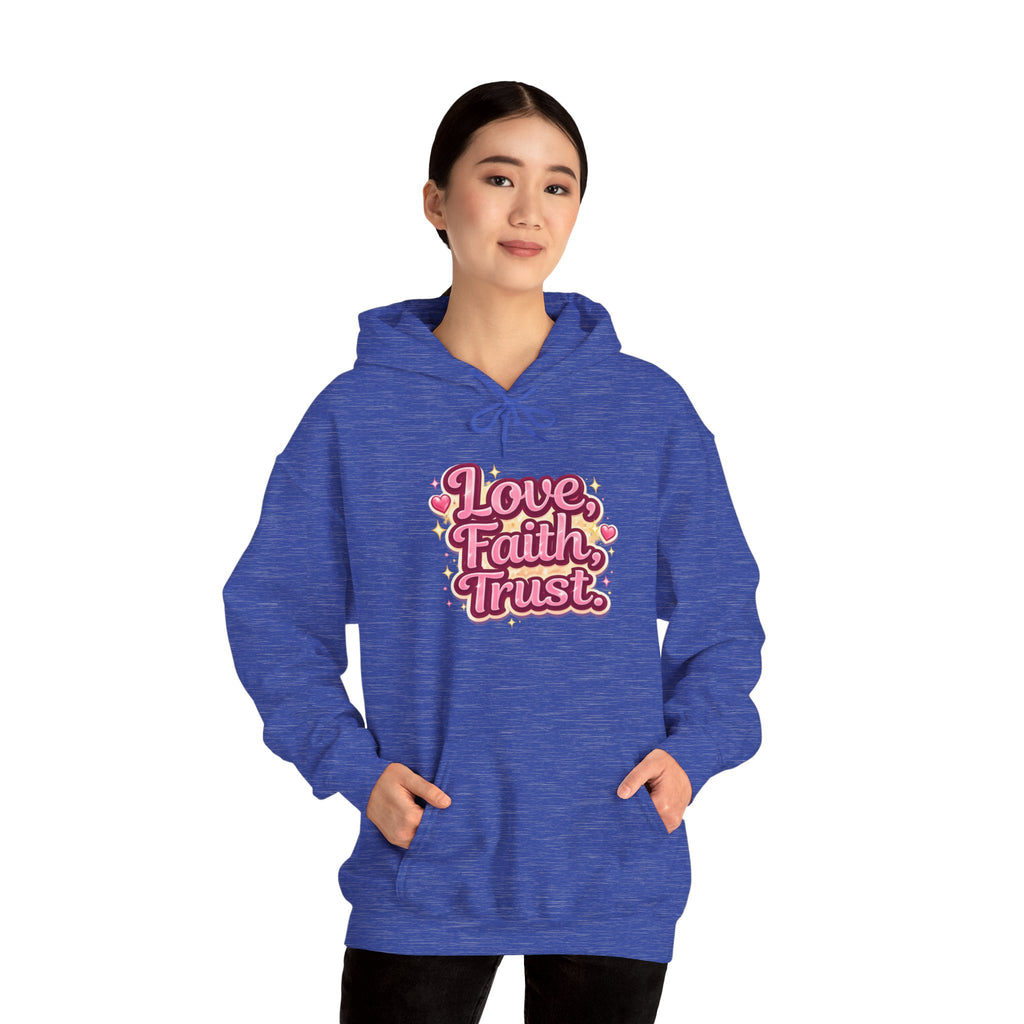 Love Faith Trust Hoodie — Pink Retro Heart Graphic Pullover