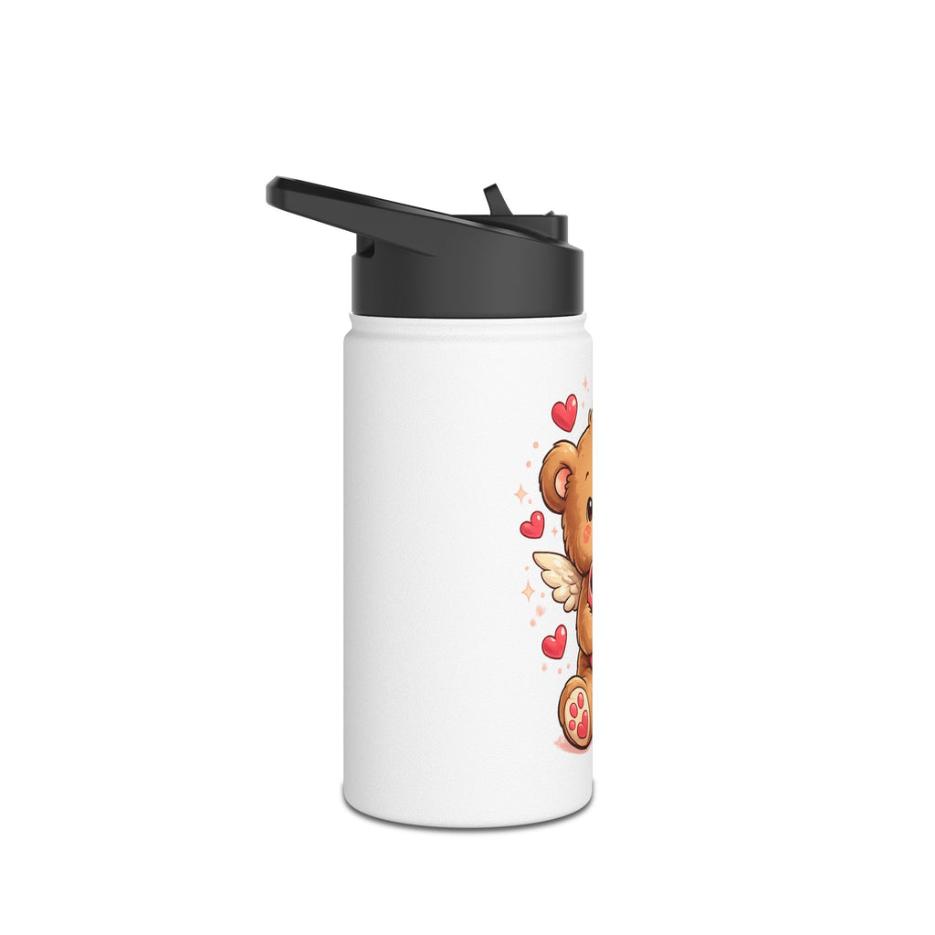 Valentine Bear Stainless Steel Water Bottle — Cute Cupid Teddy with Heart Box