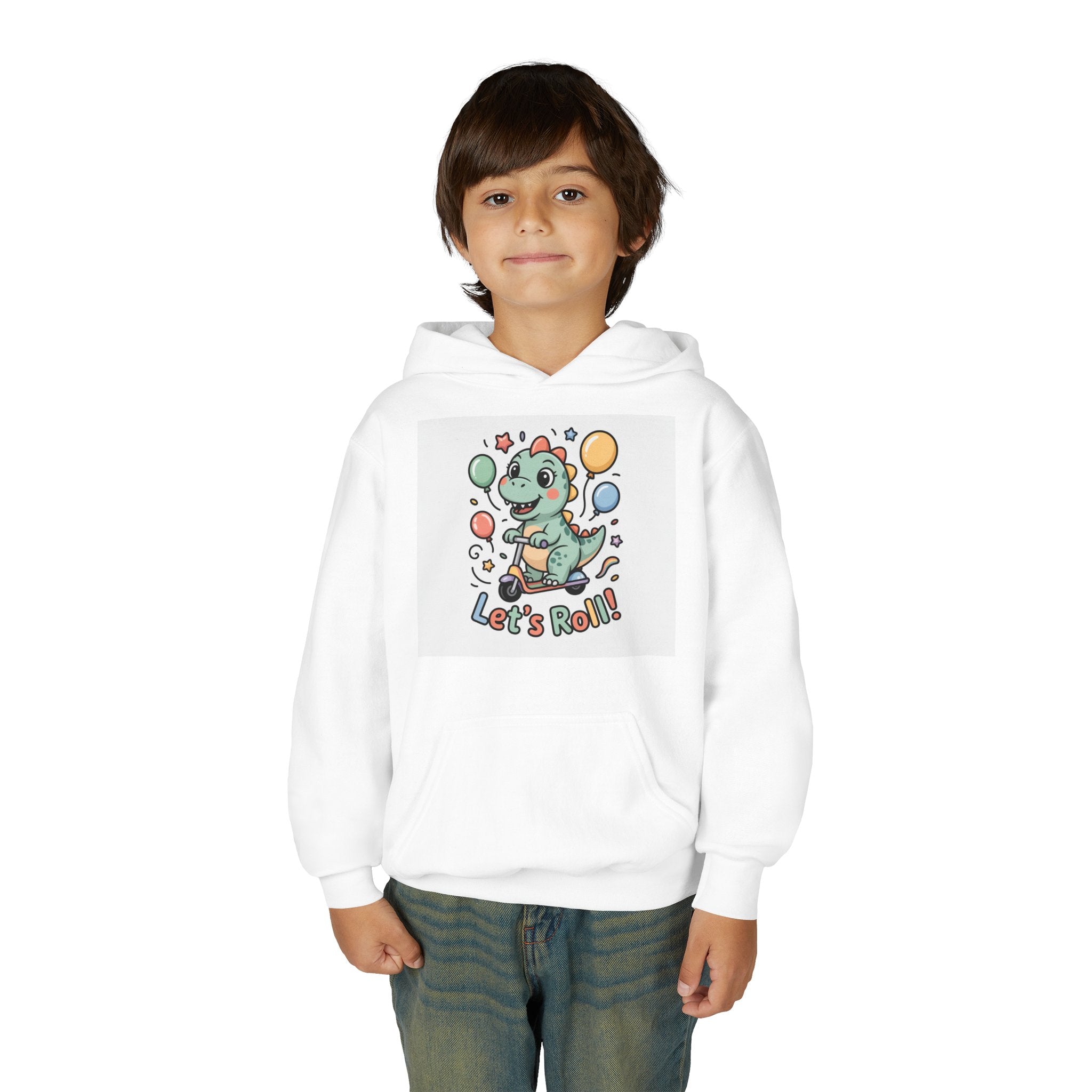 Youth Hoodie — Cute Dinosaur "Let's Roll!" Party Hoodie for Kids