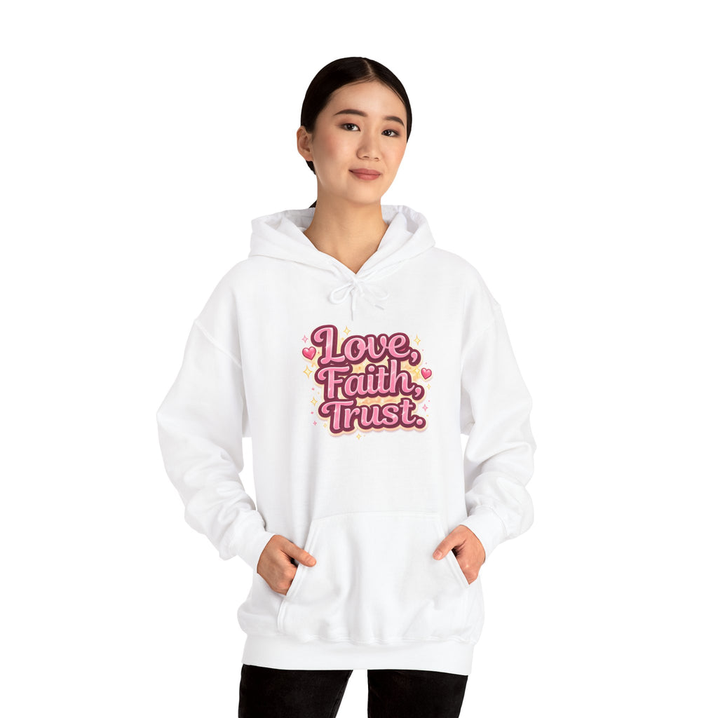 Love Faith Trust Hoodie — Pink Retro Heart Graphic Pullover