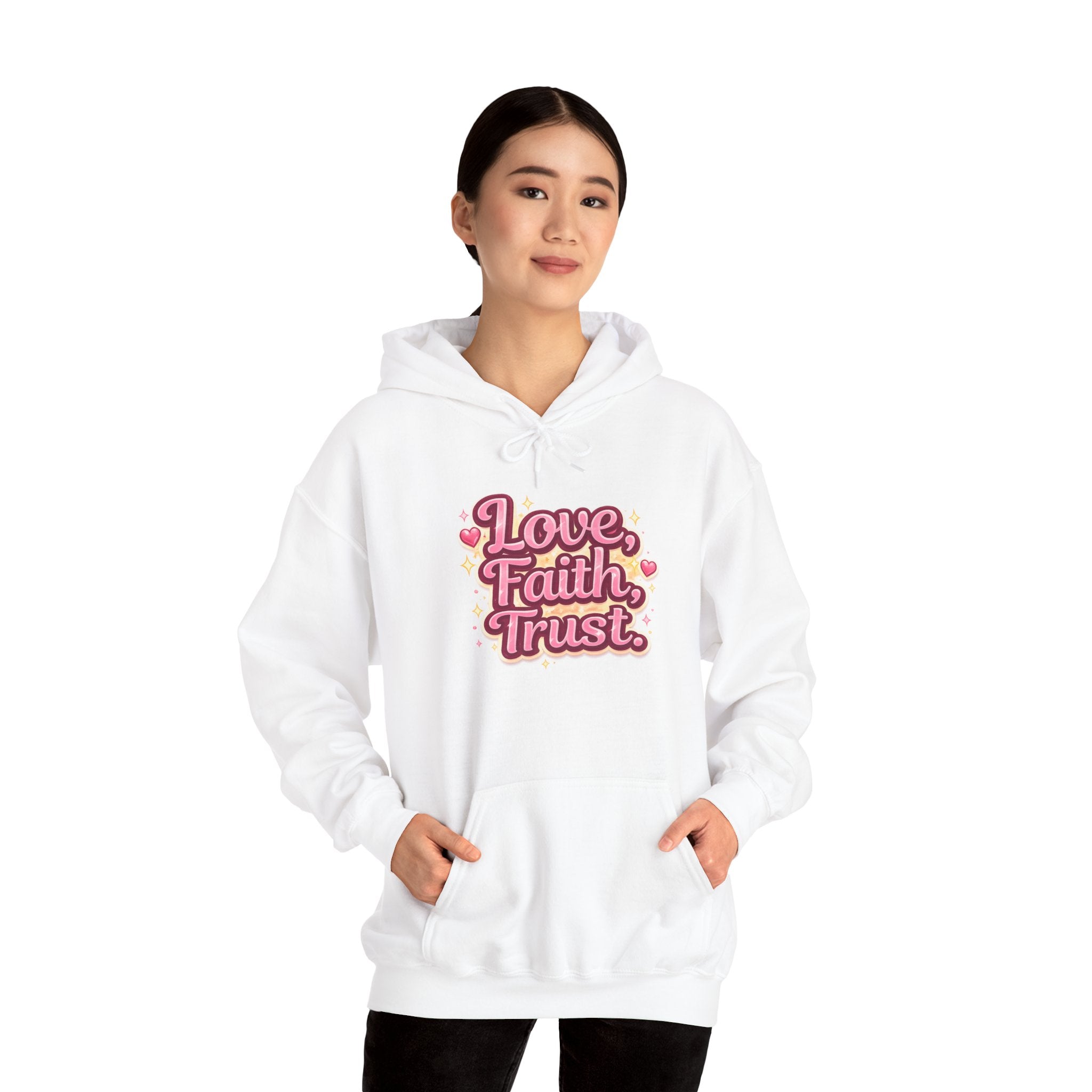 Love Faith Trust Hoodie — Pink Retro Heart Graphic Pullover