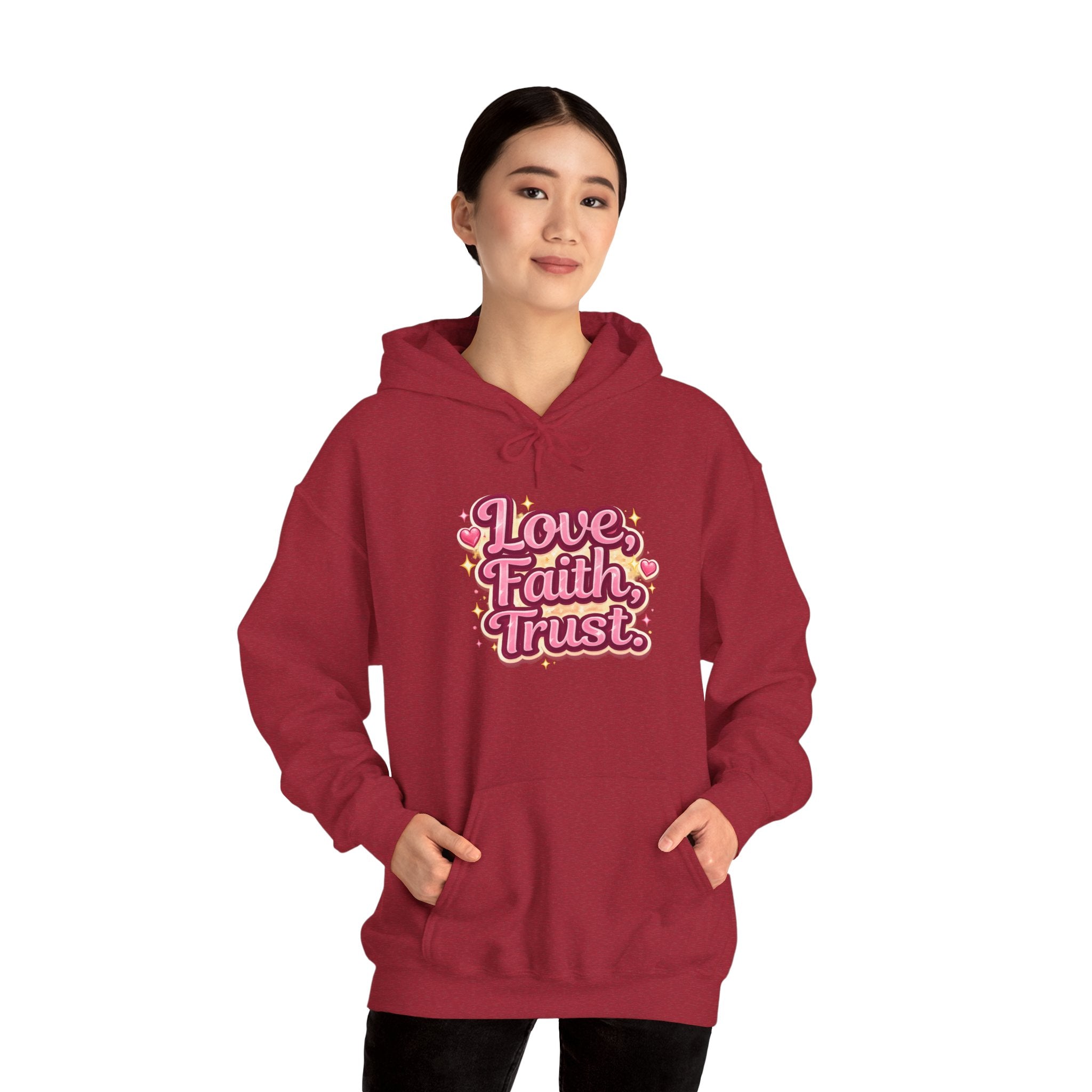 Love Faith Trust Hoodie — Pink Retro Heart Graphic Pullover