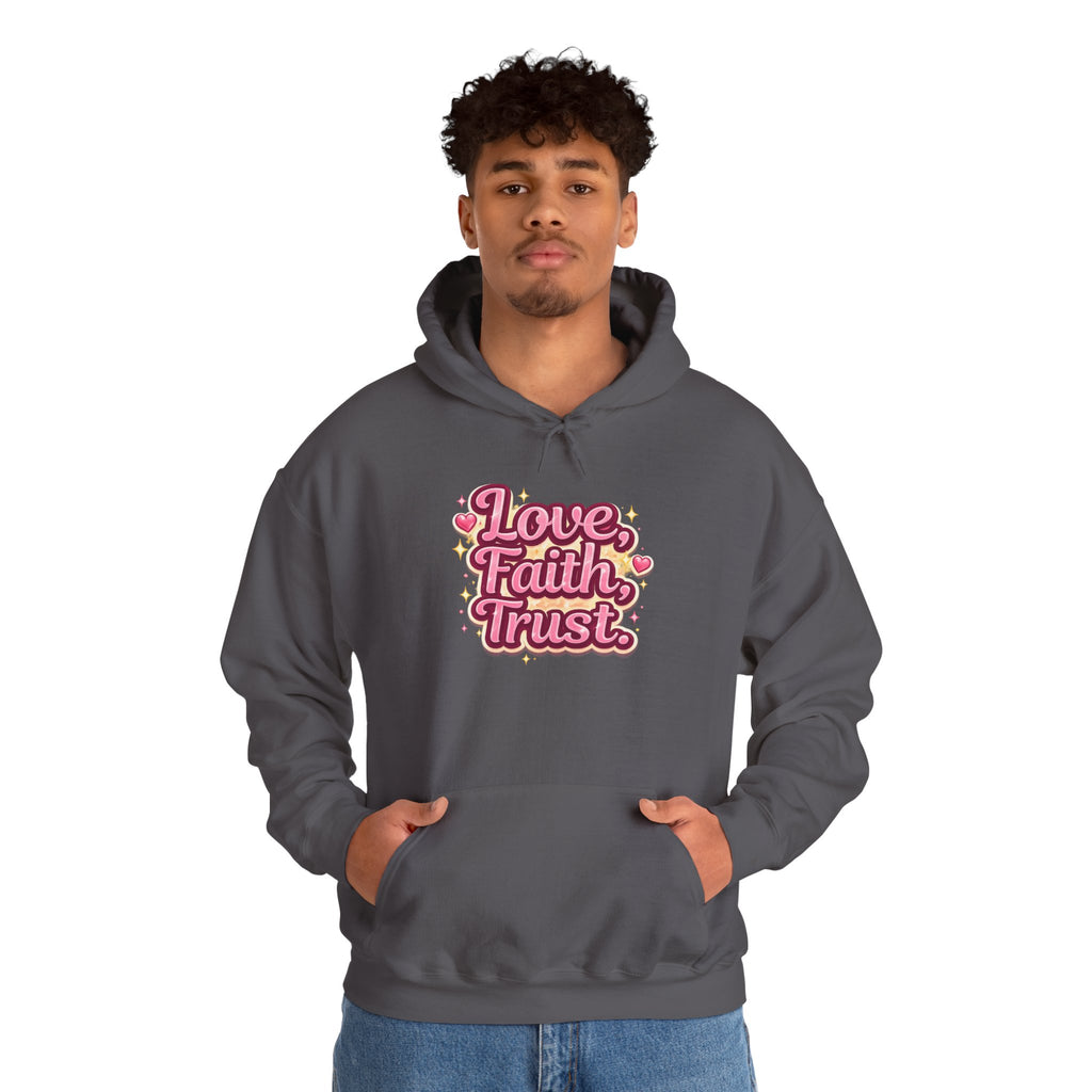 Love Faith Trust Hoodie — Pink Retro Heart Graphic Pullover