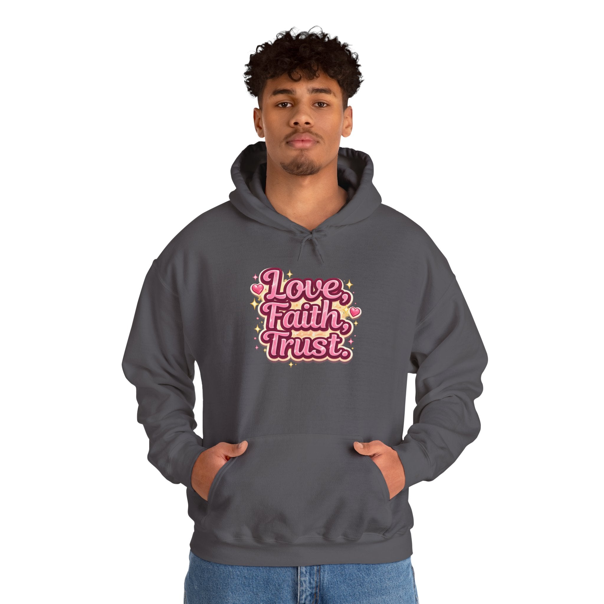 Love Faith Trust Hoodie — Pink Retro Heart Graphic Pullover