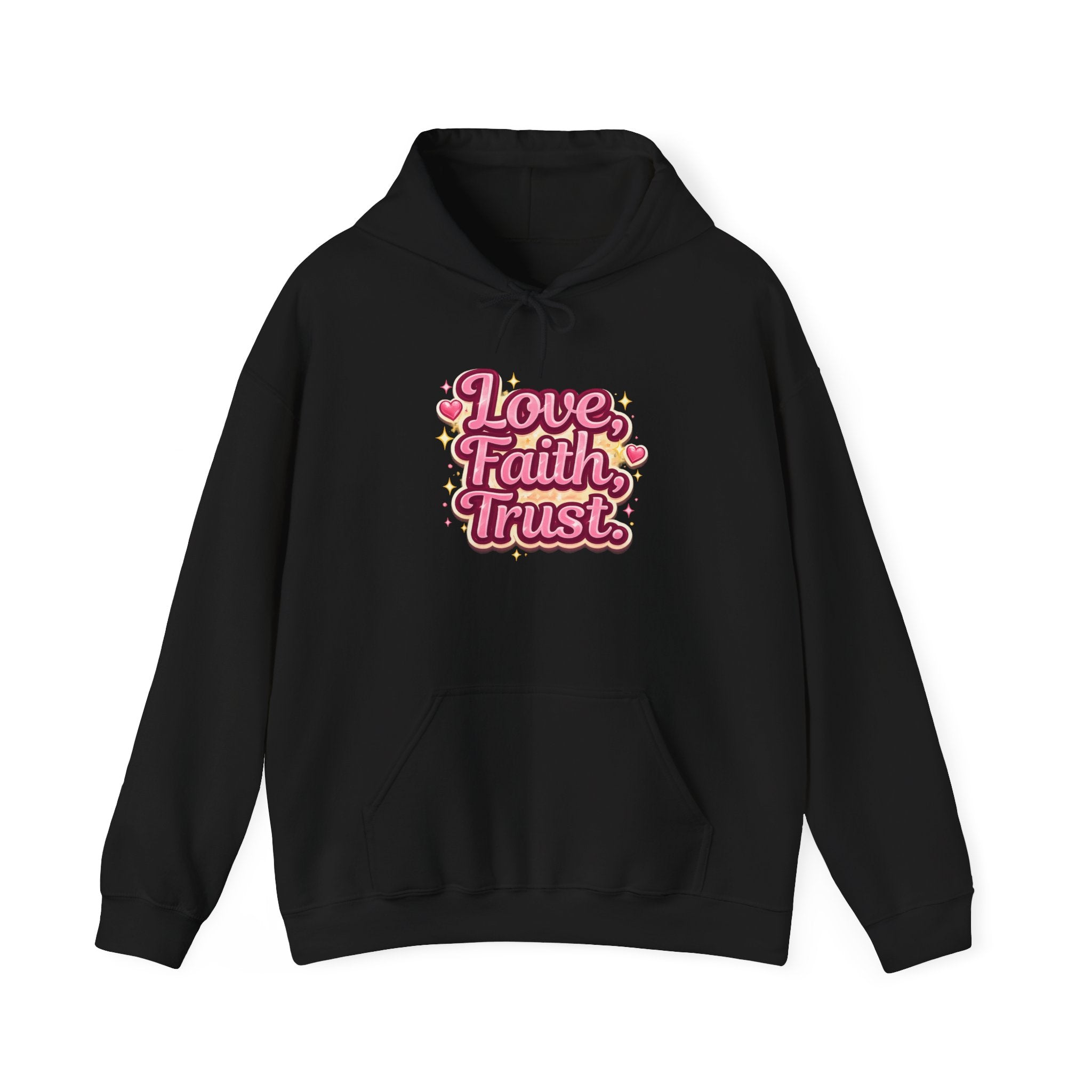 Love Faith Trust Hoodie — Pink Retro Heart Graphic Pullover