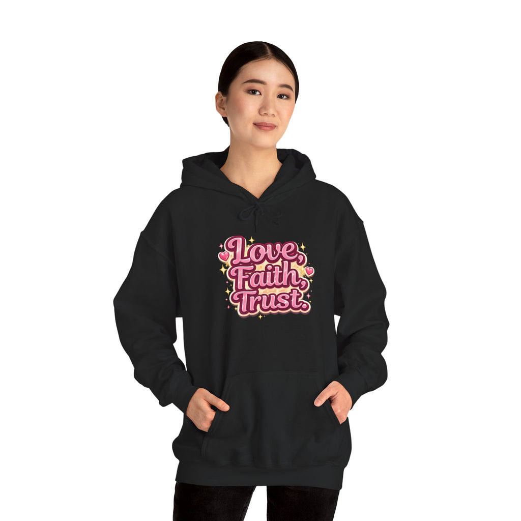 Love Faith Trust Hoodie — Pink Retro Heart Graphic Pullover