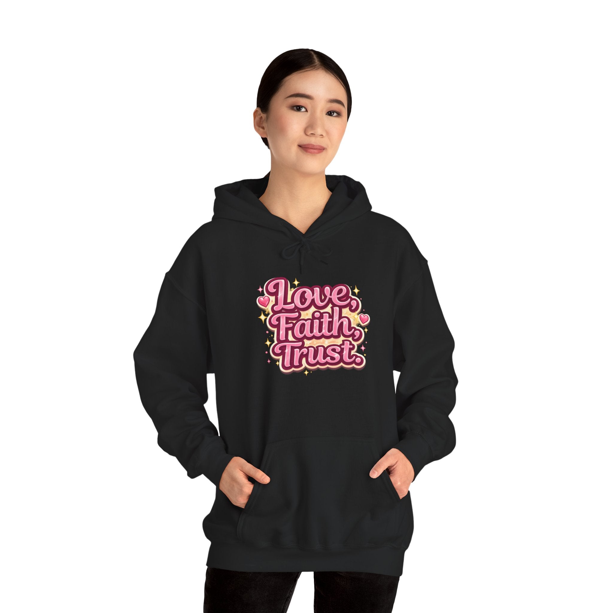Love Faith Trust Hoodie — Pink Retro Heart Graphic Pullover