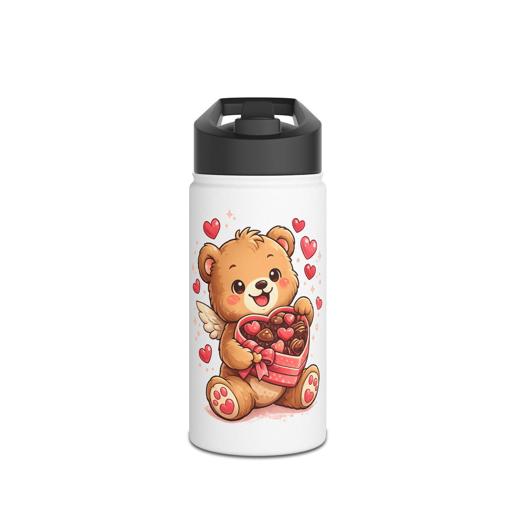 Valentine Bear Stainless Steel Water Bottle — Cute Cupid Teddy with Heart Box