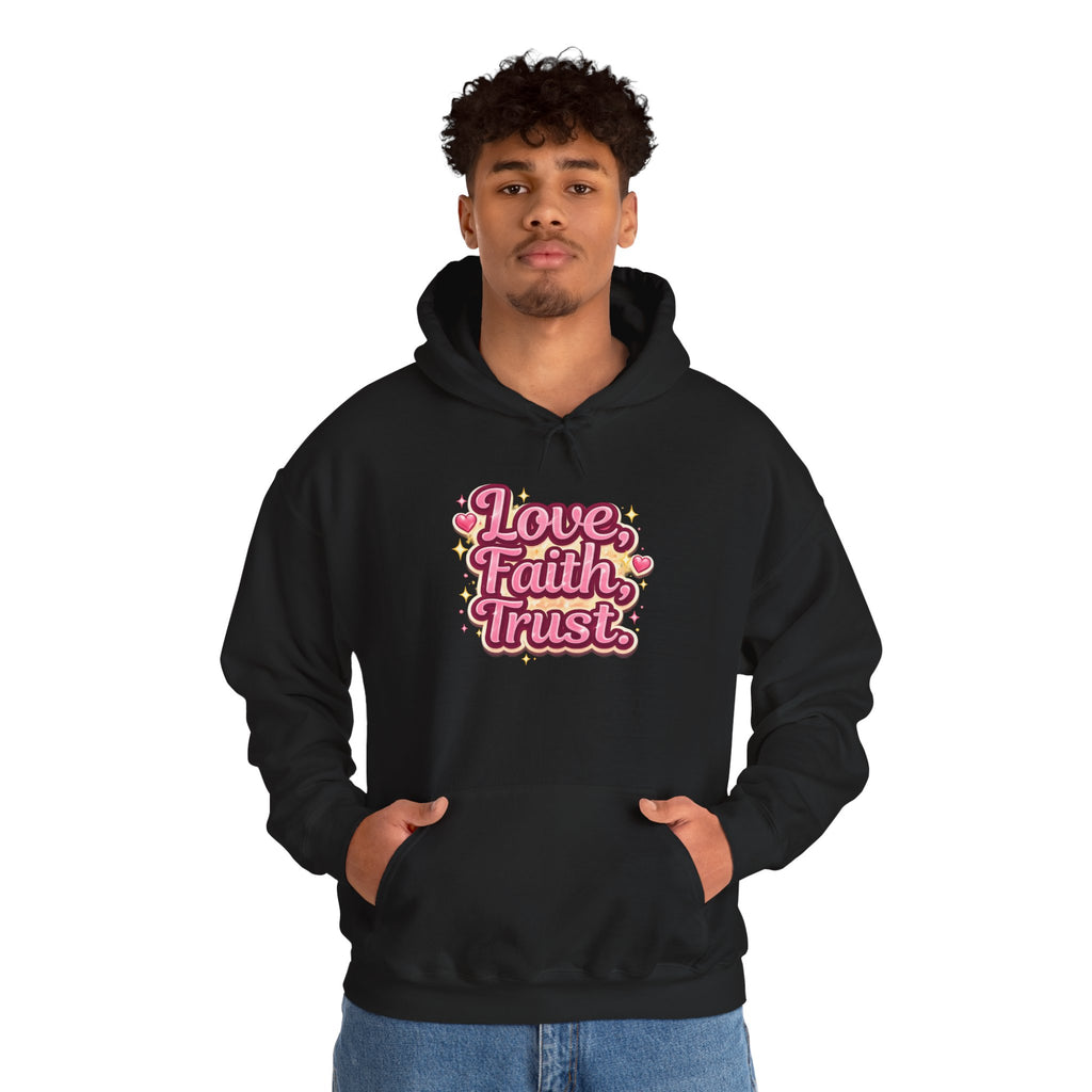 Love Faith Trust Hoodie — Pink Retro Heart Graphic Pullover