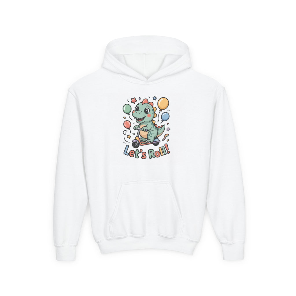 Youth Hoodie — Cute Dinosaur "Let's Roll!" Party Hoodie for Kids