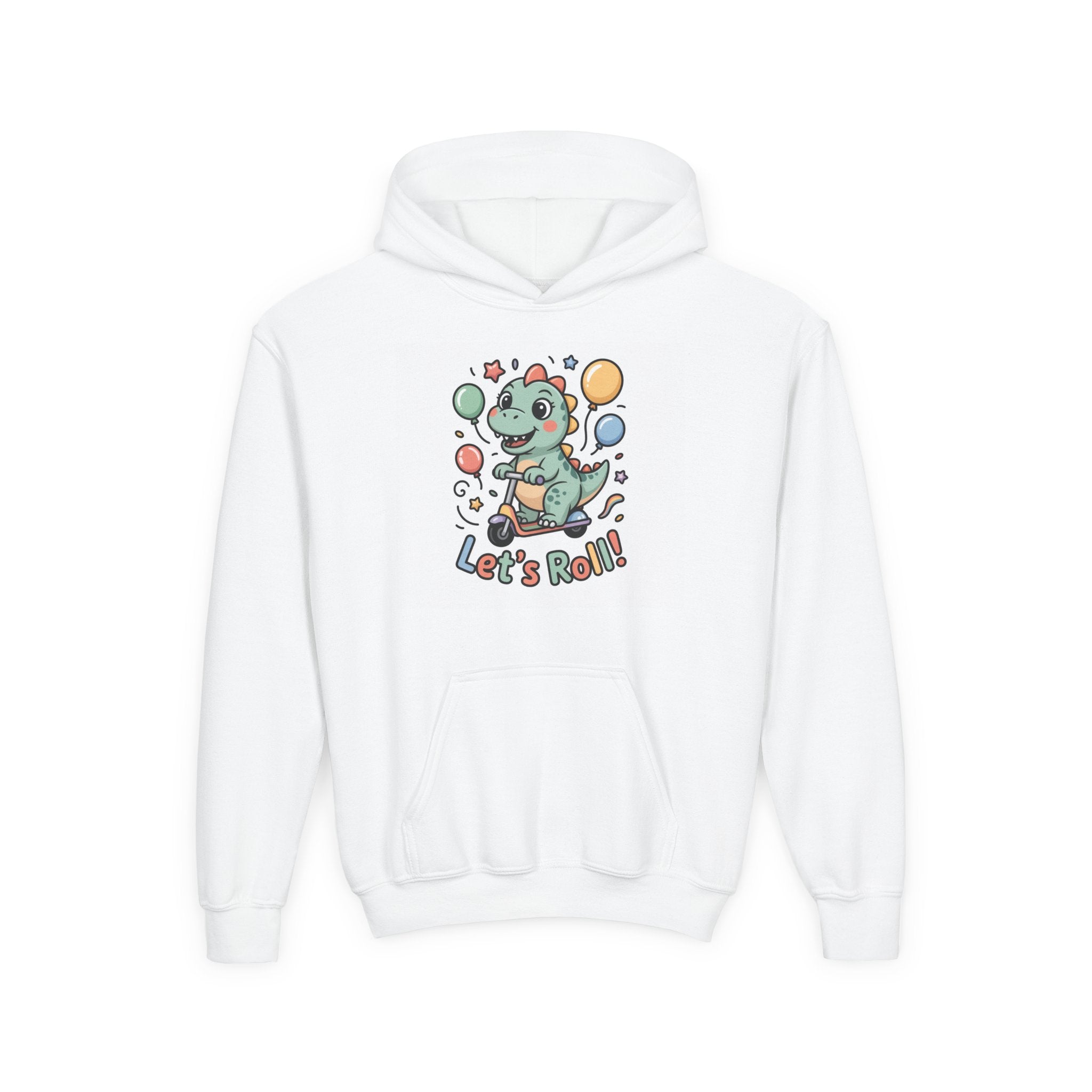 Youth Hoodie — Cute Dinosaur "Let's Roll!" Party Hoodie for Kids