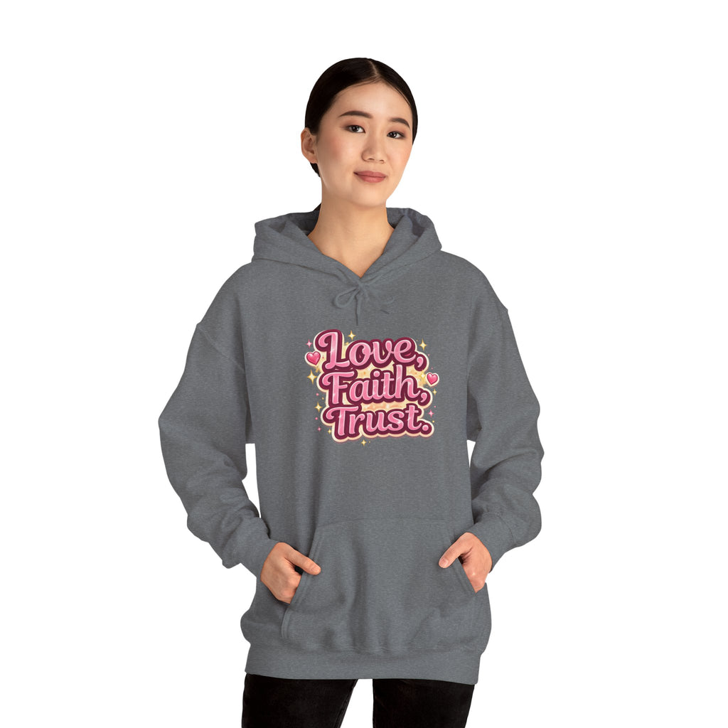 Love Faith Trust Hoodie — Pink Retro Heart Graphic Pullover