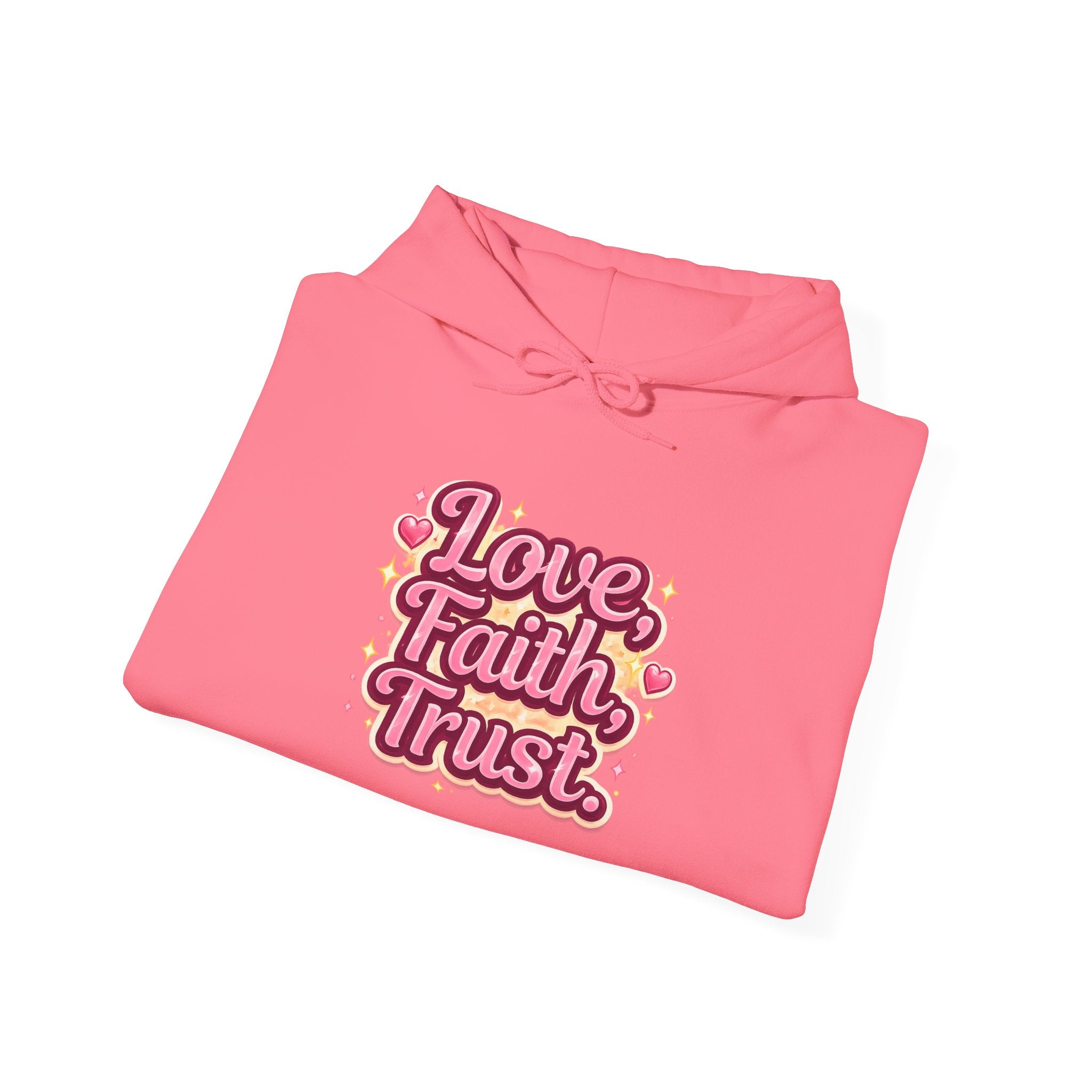 Love Faith Trust Hoodie — Pink Retro Heart Graphic Pullover