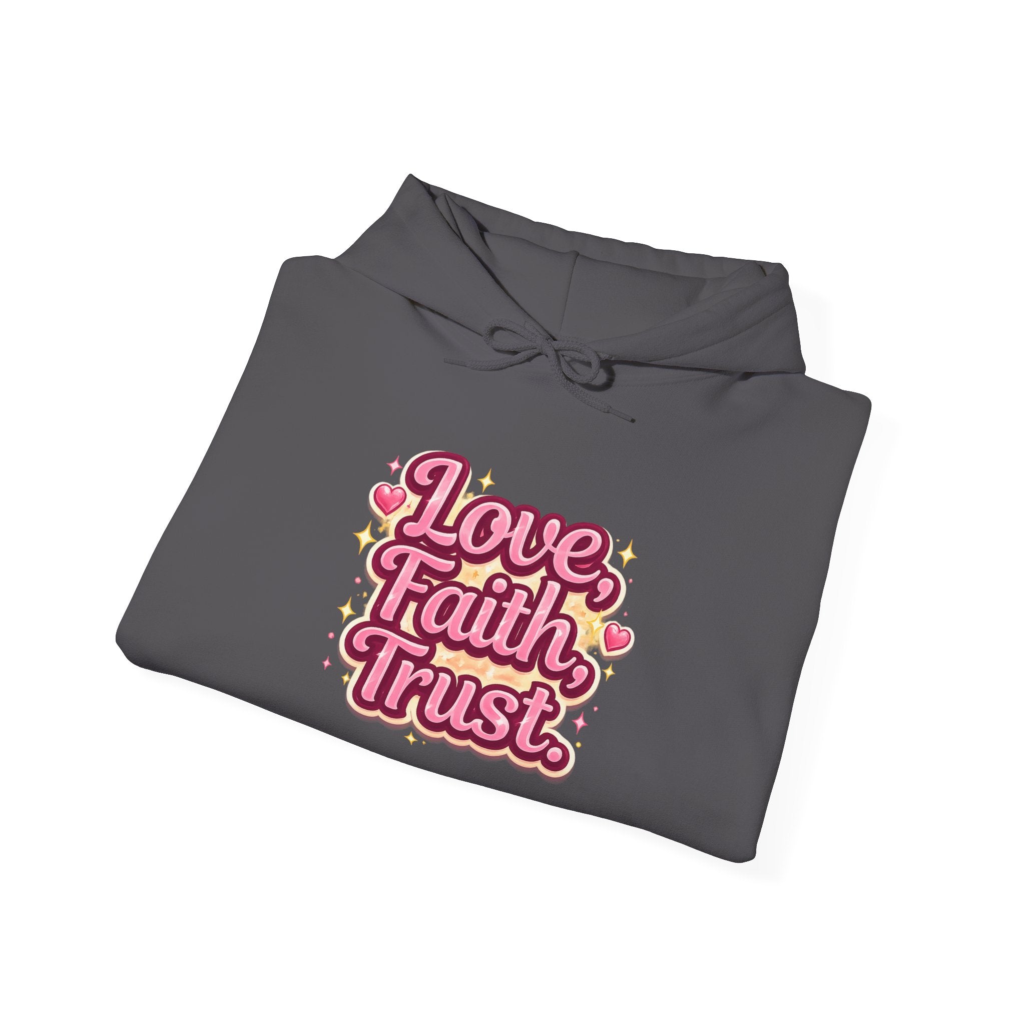 Love Faith Trust Hoodie — Pink Retro Heart Graphic Pullover