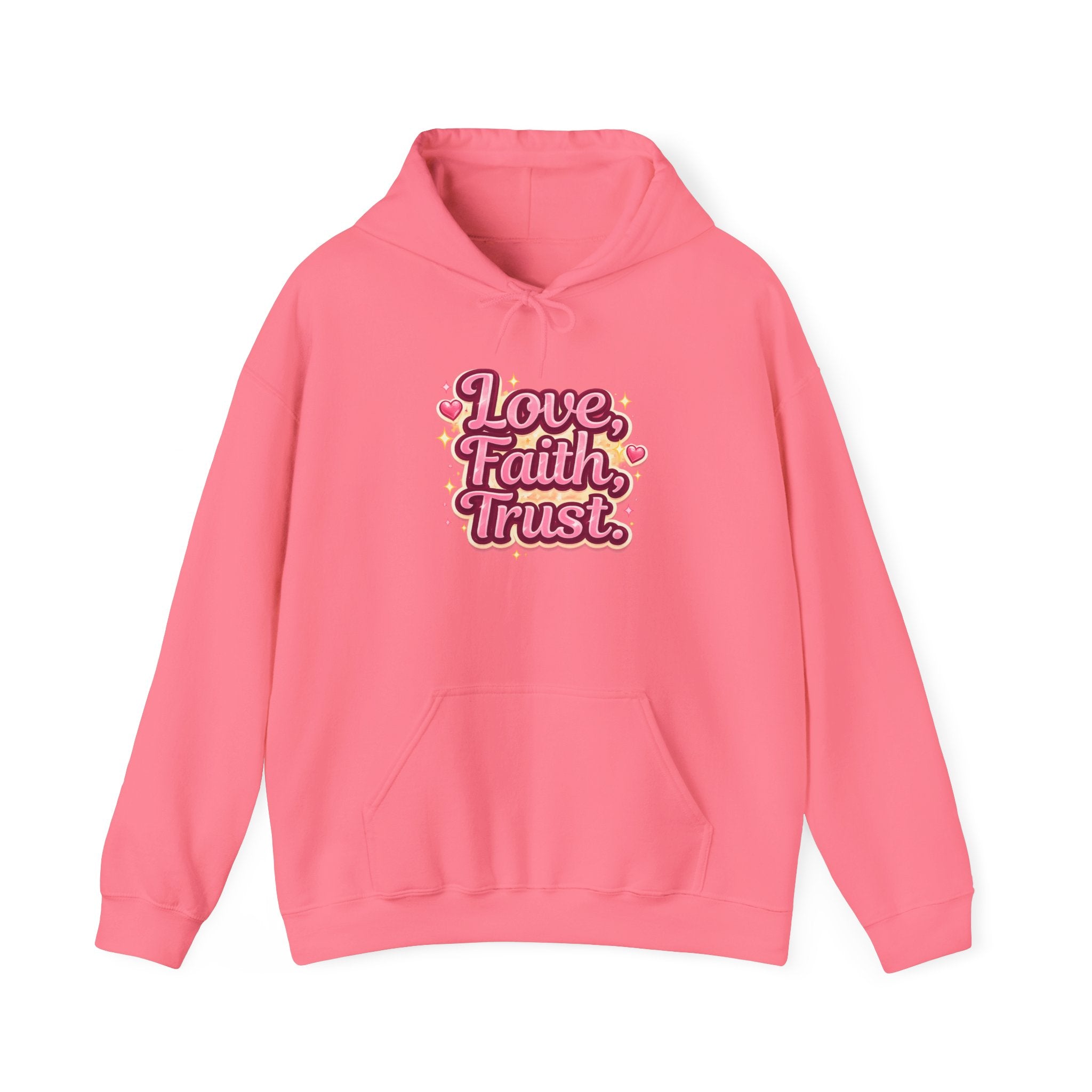 Love Faith Trust Hoodie — Pink Retro Heart Graphic Pullover