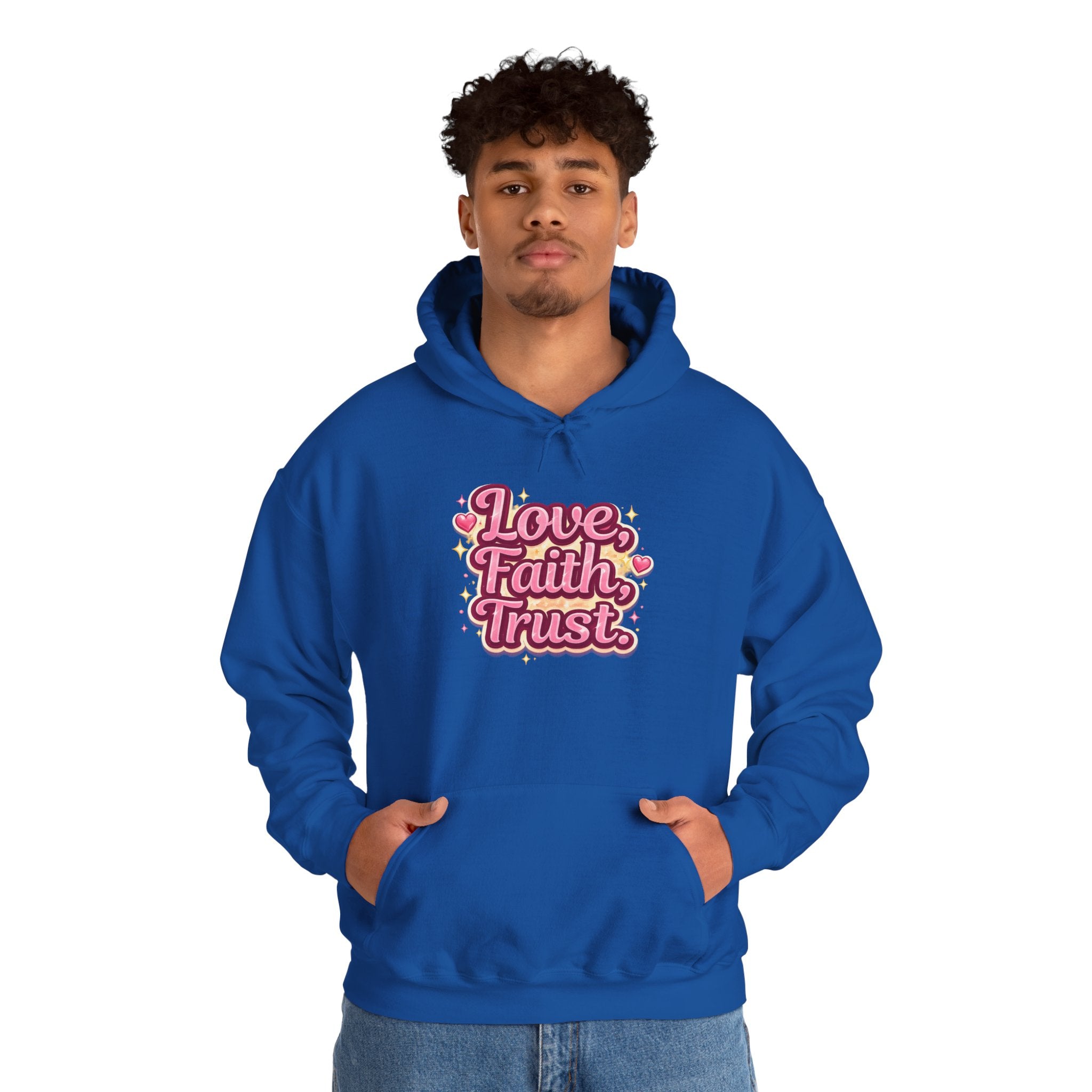 Love Faith Trust Hoodie — Pink Retro Heart Graphic Pullover